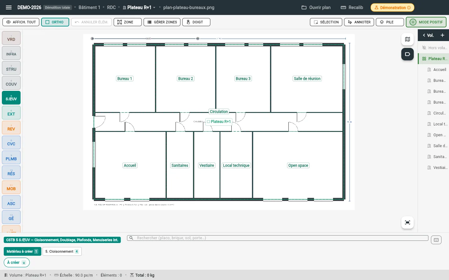 L’application GISEO, plan d’un plateau de bureaux chargé et calibré