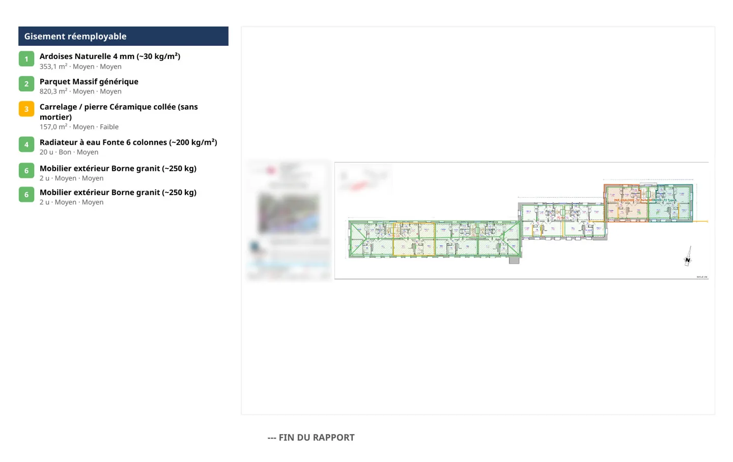 Page du rapport GISEO : le gisement réemployable cartographié sur le plan du bâtiment, étage par étage.