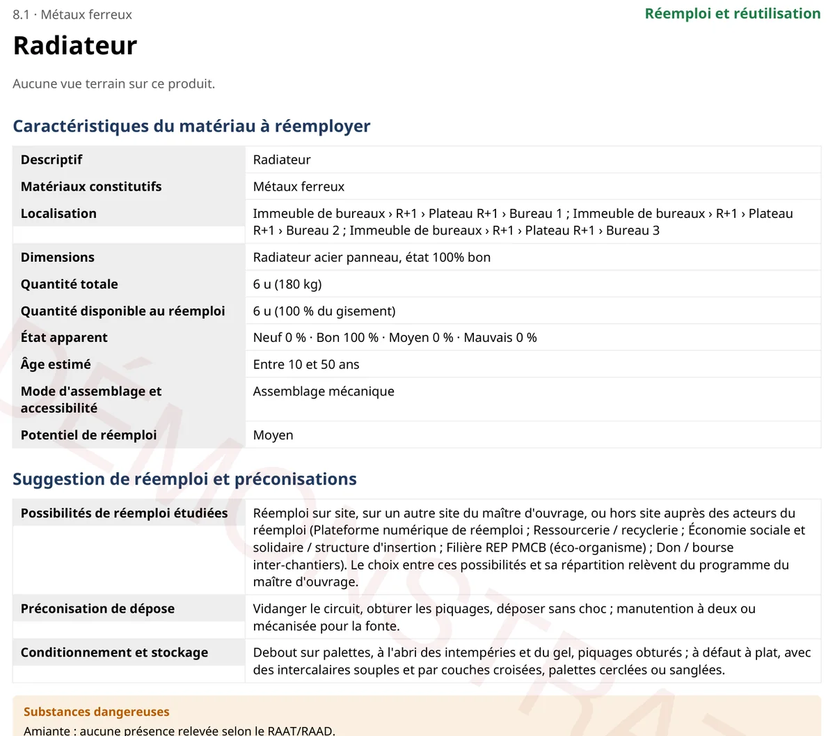 Fiche réemploi « Radiateur » : caractéristiques, quantité disponible, état, préconisations de dépose et de stockage.